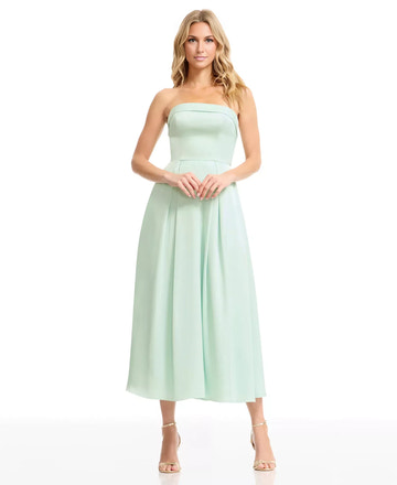 A-Line Strapless Sleeveless Satin Wedding Guest Dress Midi Cocktail Dress With Pockets