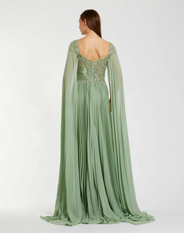 Elegant A Line Sweetheart Neck Beaded Chiffon Long Pleated Cape Sleeve Evening Gown