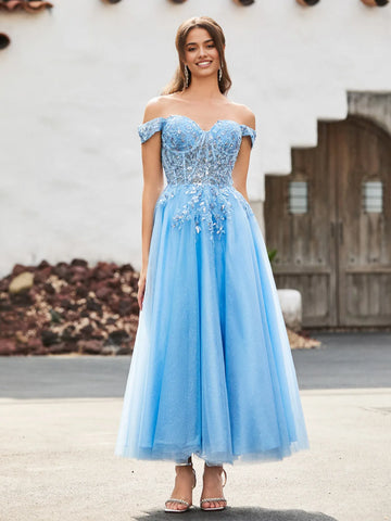 A-Line Sweetheart Off-the-Shoulder Short Sleeve Tulle Lace Applique Tea-Length Formal Prom Dress