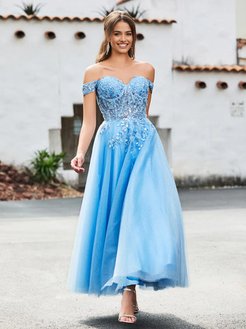 A-Line Sweetheart Off-the-Shoulder Short Sleeve Tulle Lace Applique Tea-Length Formal Prom Dress
