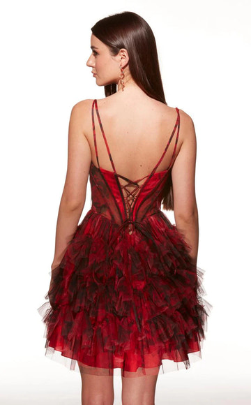 A-Line Sweetheart Spaghetti-Strap Tulle Print Corset Tiered Mini Cocktail Dress