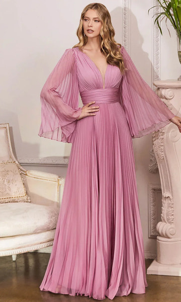 Elegante vestido de noche largo de gasa con cuello en V, corte en A y mangas con volantes, y plisado