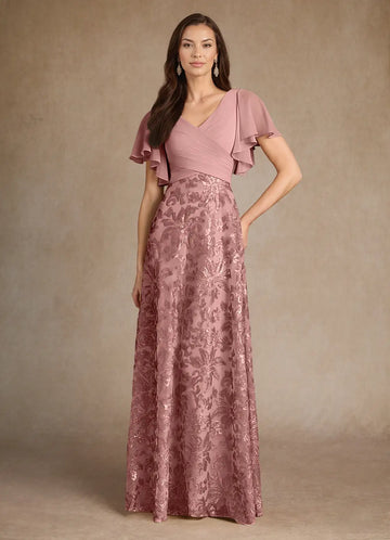 Elegant A-Line V-Neck Pleated Chiffon Sequin Floor Length Mother of the Bride Dress
