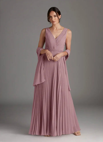 Elegant A-Line V-Neck Chiffon Maxi Pleated Formal Mother of the Bride Dress