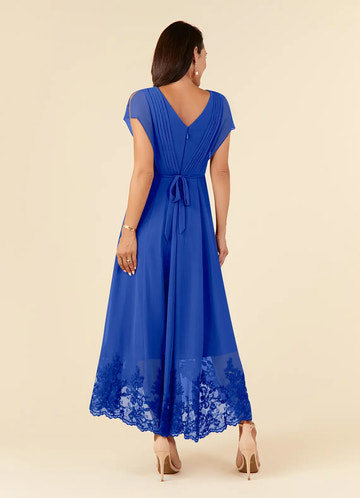 A-Line V-Neck Chiffon Midi Lace Formal Mother of the Bride Dress