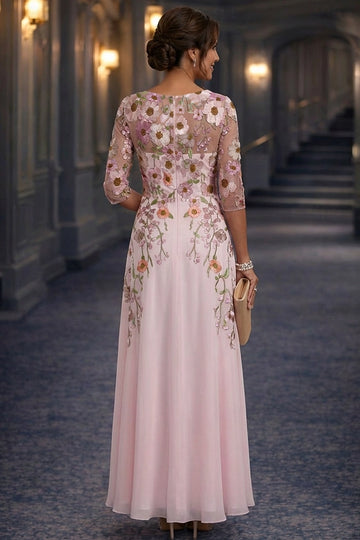 Blush Pink A-Line Round Neck Elbow Sleeve Illusion Back Maxi Mother Of The Bride Dress