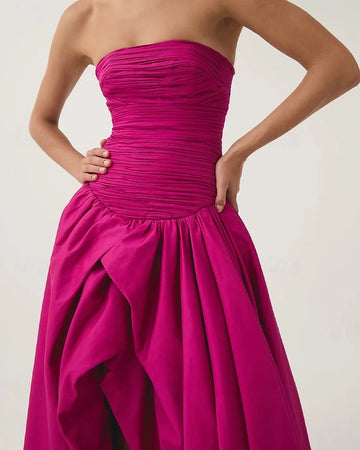 Vedress fuchsia ruched strapless a line satin prom maxi dress front view formal party wear