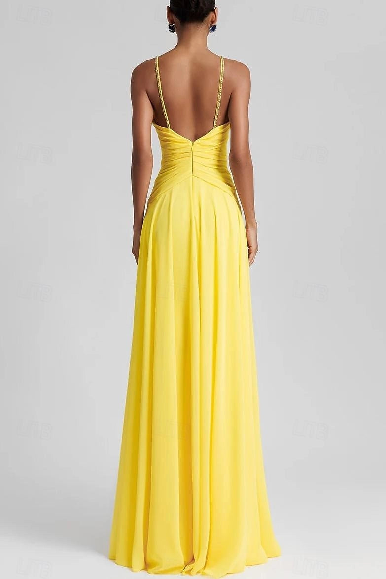 Vedress deep open back chiffon formal gown rhinestone straps zipper back full length rear view