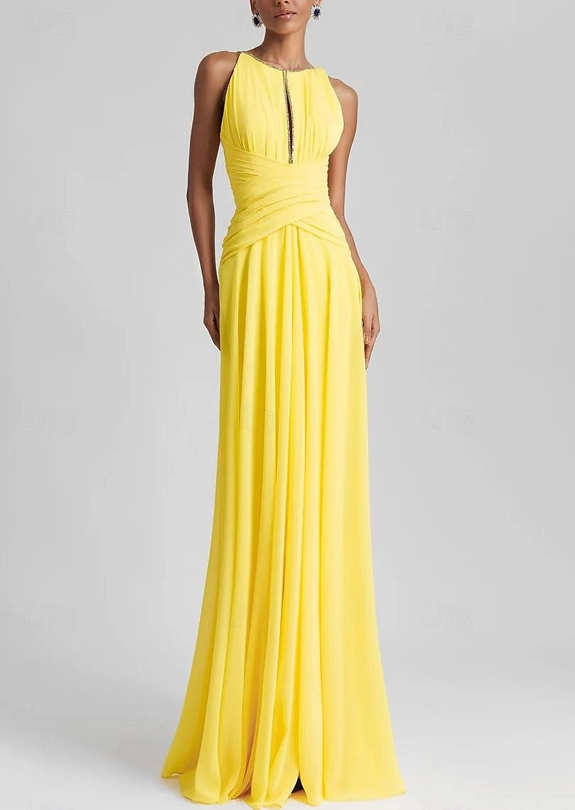 Vedress yellow chiffon halter prom dress rhinestone neck twisted waist front closeup studio shot
