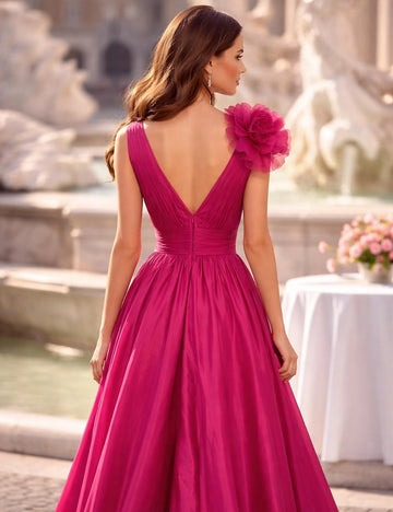 Vedress open back fuchsia prom dress back view with shoulder flower decoration