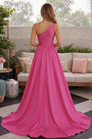 Vedress one shoulder formal gown zipper back design pink long maxi dress rear view