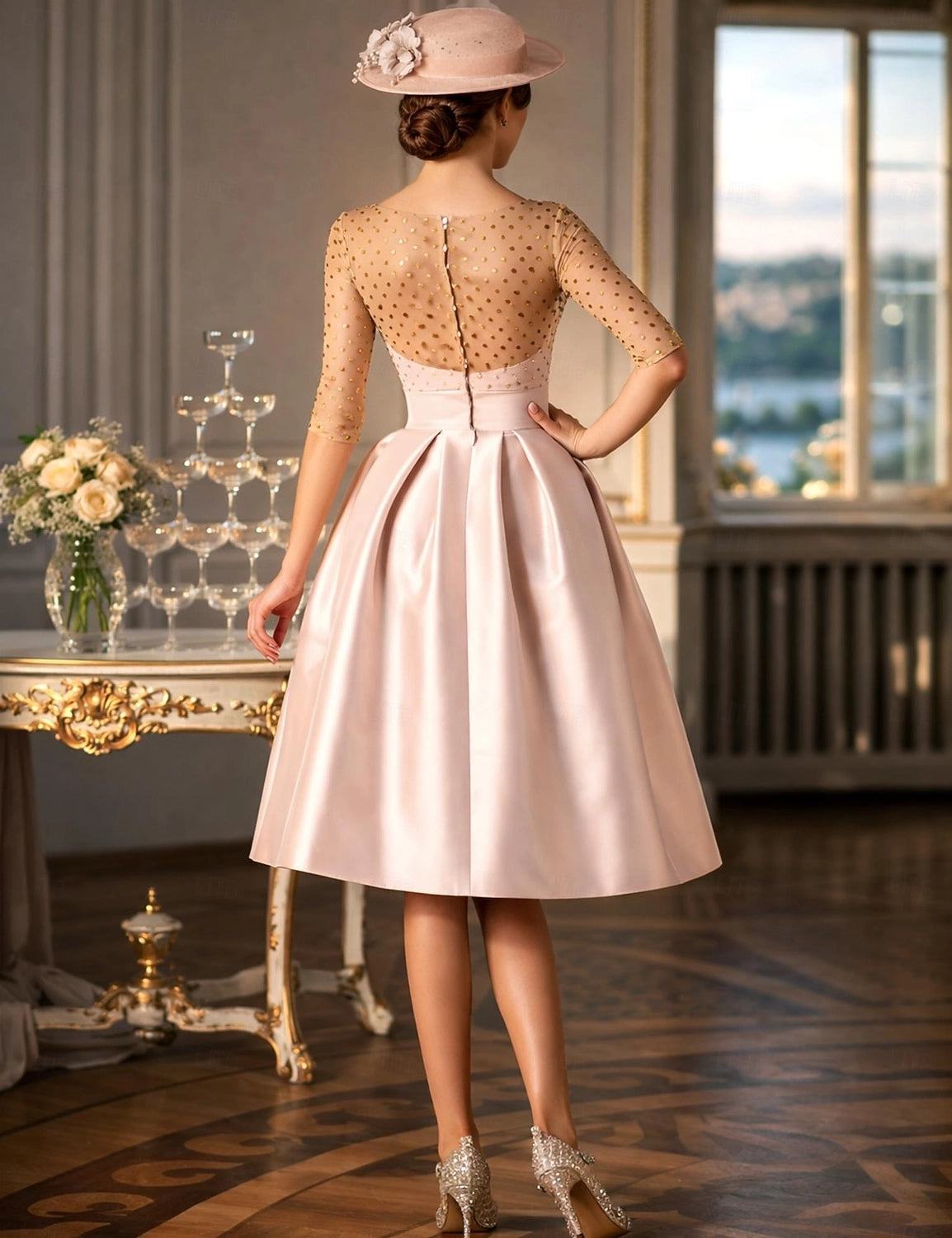 Vedress retro formal dress sheer dot tulle zipper closed back rear full shot