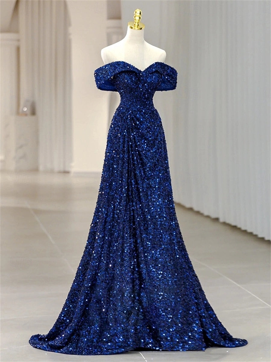 Vedress navy blue all over sequin off shoulder mermaid prom dress front partial view mannequin display