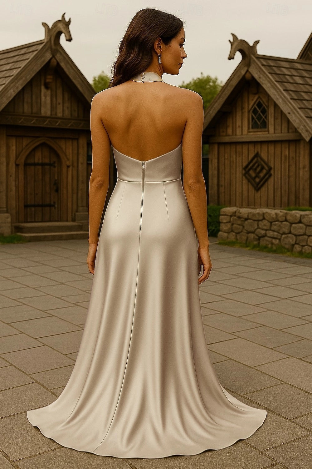 Vedress open back satin formal gown pearl neck button zipper back full length rear outdoor shot