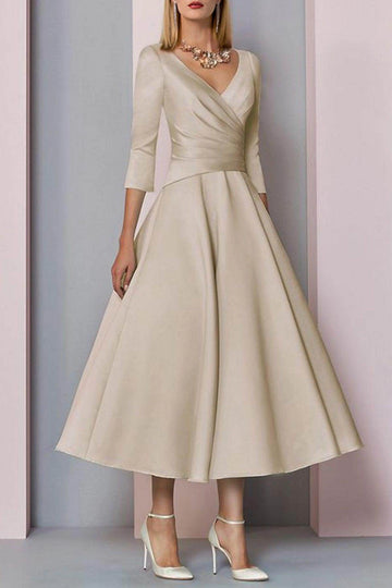 Vedress champagne satin midi mother of the bride dress wrap v neck 3/4 sleeve a line gown for minimalist garden wedding Ascot race day