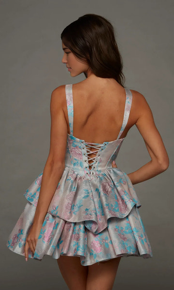 A-Line V-Neck Sleeveless Jacquard Rhinestone Bow Corset Tiered Mini Homecoming Dress