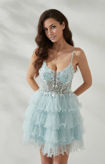 Glamorous A-line SpaghettiStrap Tulle Short Sequin Ruffled Homecoming Dress