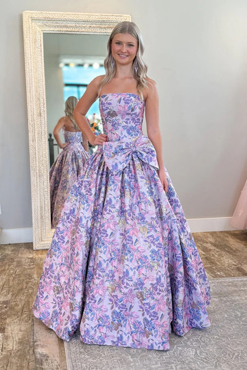 Elegant A-line Strapless Prom Dress with Bow Detail Jacquard Ball Gown