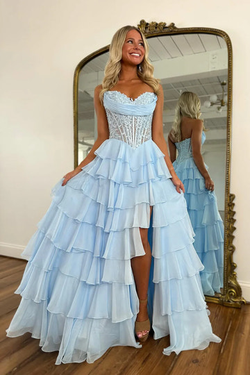 Romantic A-line Strapless Tiered Ruffle Corset Prom Dress Slit High-Low Hem Gown