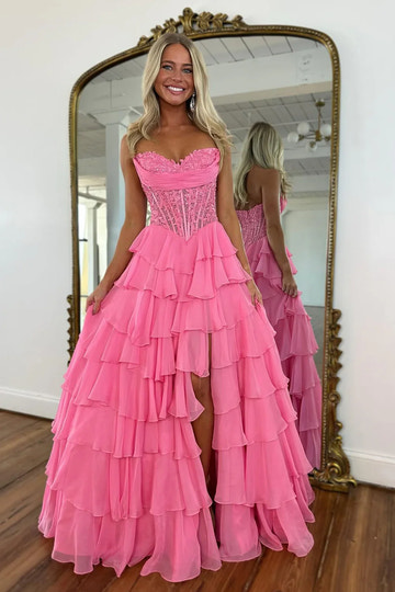 Romantic A-line Strapless Tiered Ruffle Corset Prom Dress Slit High-Low Hem Gown