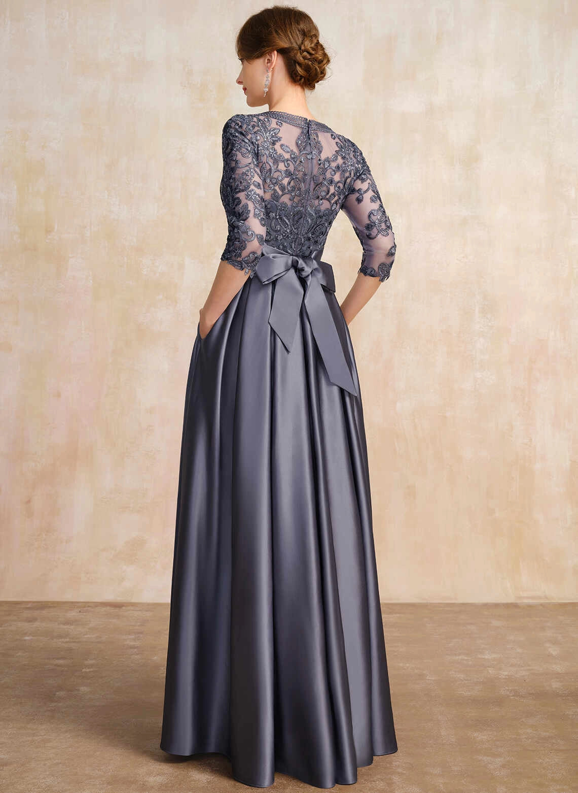Vedress Sheer Lace Bow Back Floor‑Length Evening Gown With Pockets Back View