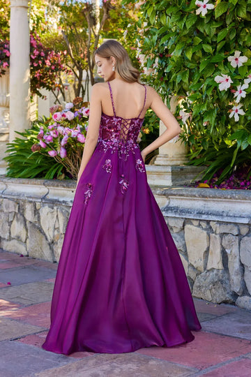 A-line Spaghetti Strap Sequin Floral Embellished Ball Gown Satin Prom Dress with Sheer Corset Bodice