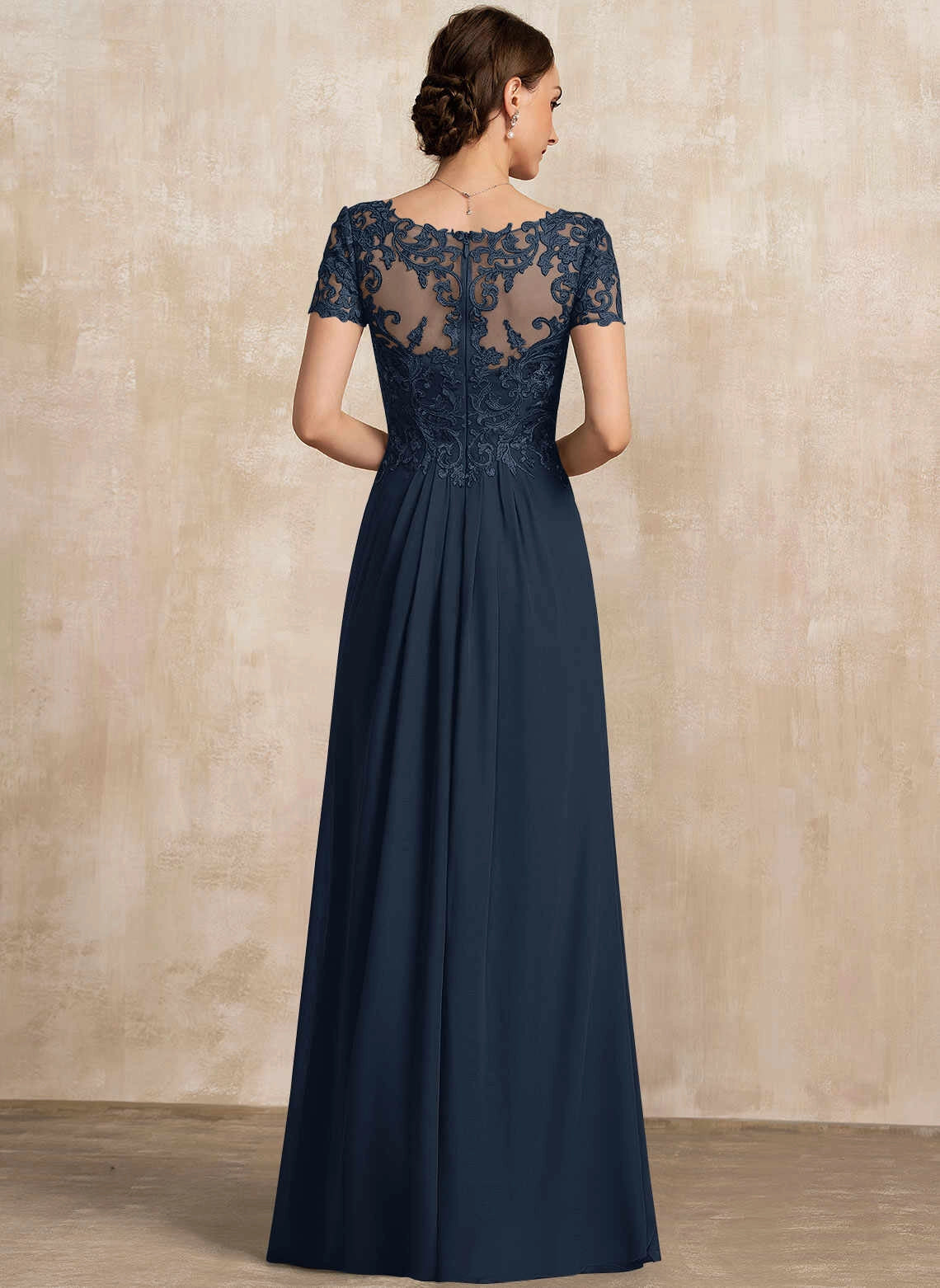 Vedress navy mother of the bride dress, v neck lace short sleeves, illusion sheer back, chiffon split floor gown
