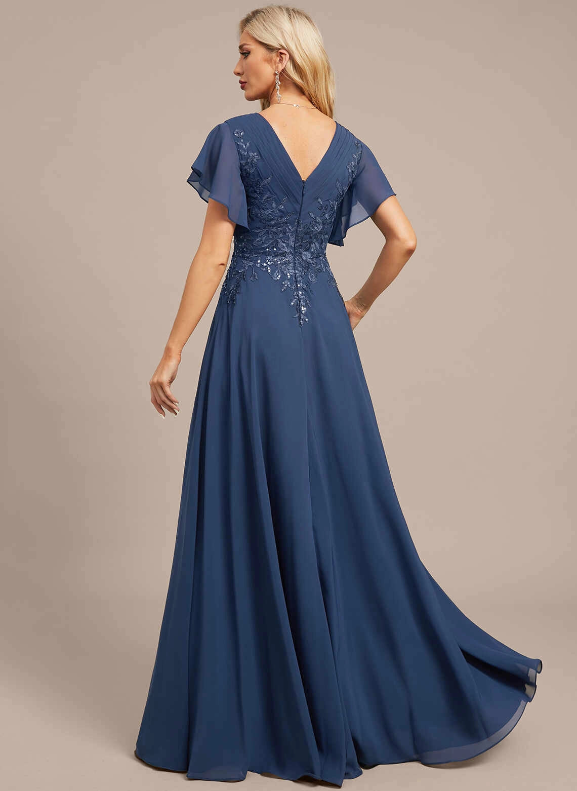 Vedress Deep V‑Back Sequin Chiffon Long Evening Gown Back View