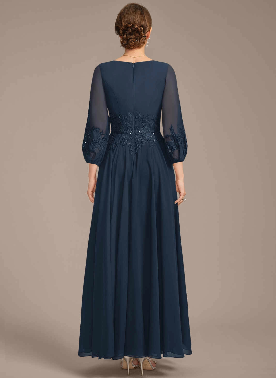 Vedress navy chiffon mother of the bride dress, v neck sheer lantern 3/4 sleeves, lace waist applique, zip‑back floor gown