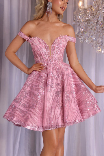 Romantic ALine Off Shoulder Tulle Mini Glitter Corset Homecoming Dress