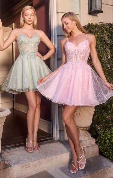 Romantic ALine Sweetheart SpaghettiStrap Tulle Lace Mini Corset Homecoming Dress