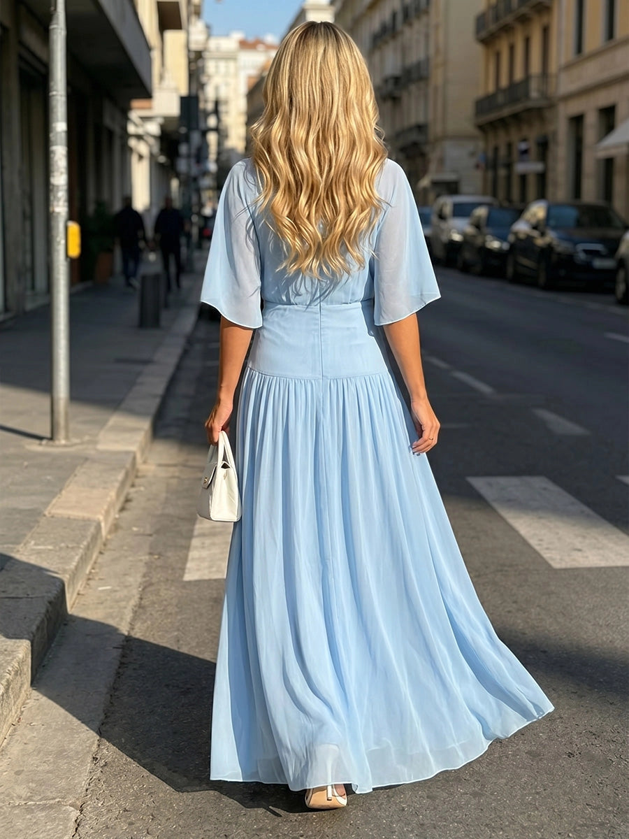 Back view Vedress light blue flowy chiffon formal gown hidden zip‑back long mother‑of‑bride outfit