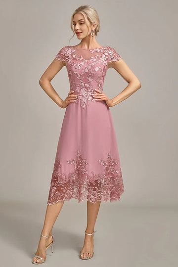 Delicate Aline Bateau Neck Chiffon Lace Mother of the Bride Dress Midi Cocktail Dress