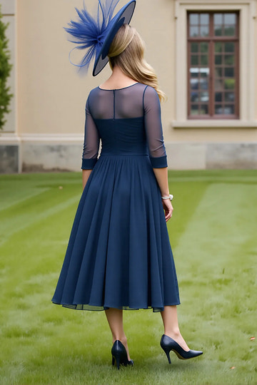 Elegant Aline Illusion Neck Chiffon Midi Mother of the Bride Dress Wrap Sash Cocktail Dress