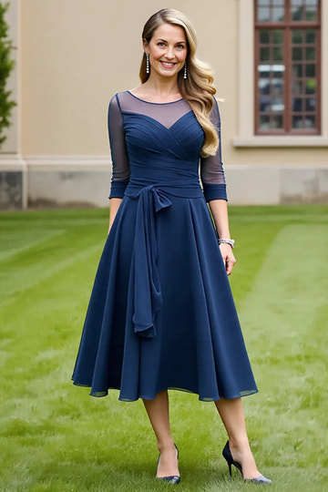 Elegant Aline Illusion Neck Chiffon Midi Mother of the Bride Dress Wrap Sash Cocktail Dress