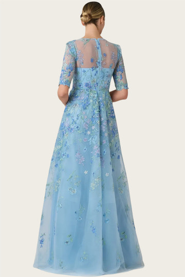 Romantic Aline Illusionneck Mesh Tulle Maxi Mother of the Bride Dress Floral Embroidery EveningGown