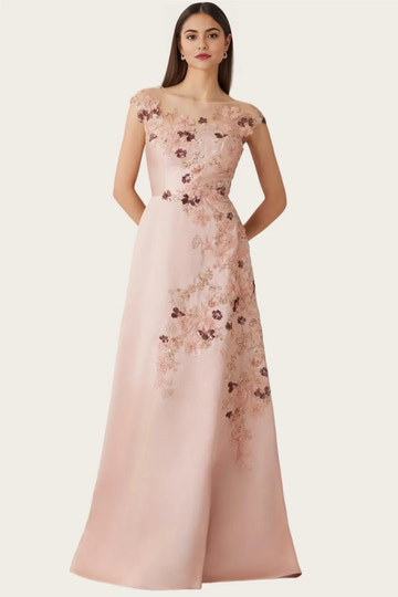 Elegant Aline Illusionneck Satin Maxi Sequin Mother of the Bride Dress Floral Embroidery EveningGown