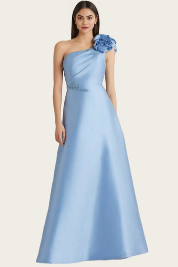 Elegant Aline One Shoulder Satin Maxi Flower Beaded Evening Gown