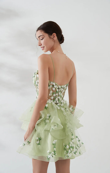 Aline SpaghettiStrap Tulle Puffy Short Applique Corset Homecoming Dress