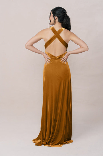 Women's Velvet Deep V-Neck Floor length Bridesmaid Dress with Crisscross Low Back Versatile for Formal Weddings