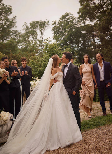 Romantic A Line Off Shoulder Corset Back Slit Chapel Train Wedding Dress