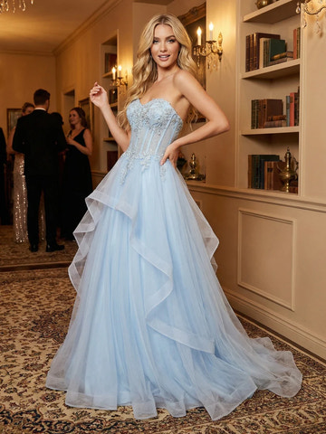 Appliqued Ball-Gown Strapless Sweetheart Tulle Sweep-Train Lace-Up Prom Dress
