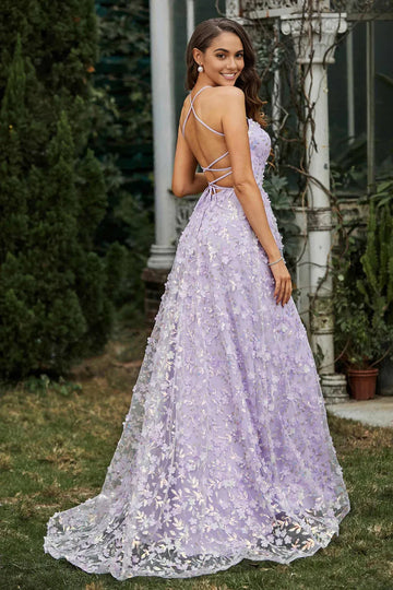 Appliqued Spaghetti Strap A-Line Tulle Prom Dress Slit Formal Gown