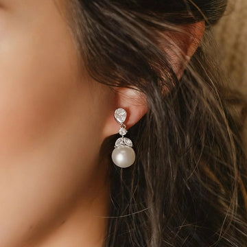 Cubic Zirconia Pearl Drop Earrings in Silver Tone