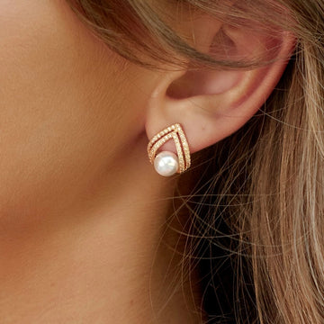 Gold-Tone Pearl and Rhinestone Geometric Stud Earrings