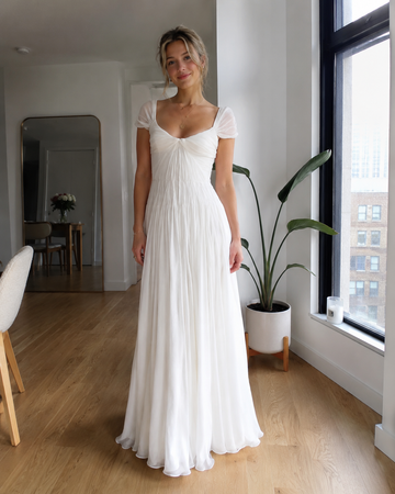 Soft Minimal Flowy A-Line Square Neck Short Puff Sleeve Low Back Court Train Bridal Wedding Dress