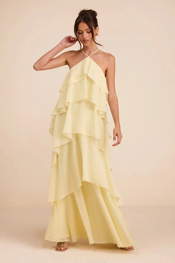 Pale Yellow Tiered Halter Sleeveless Cross Back Maxi Bridesmaid Gown Vedress