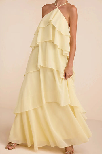 Pale Yellow Tiered Halter Sleeveless Cross Back Maxi Bridesmaid Gown Vedress