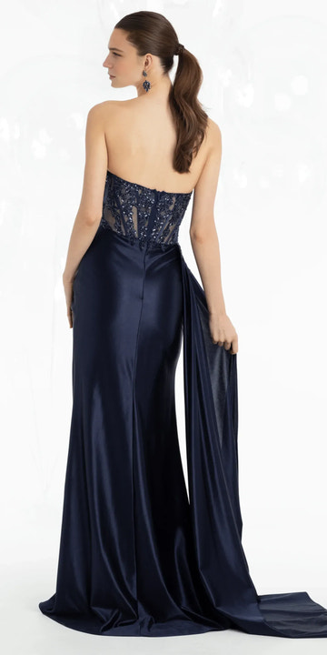 Glamorous Mermaid Gown Strapless Sheer Back Satin Train Formal Evening Dress with Side Drape