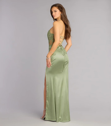 Glamorous Mermaid Satin Corset With Slit Floor Length Evening Dress